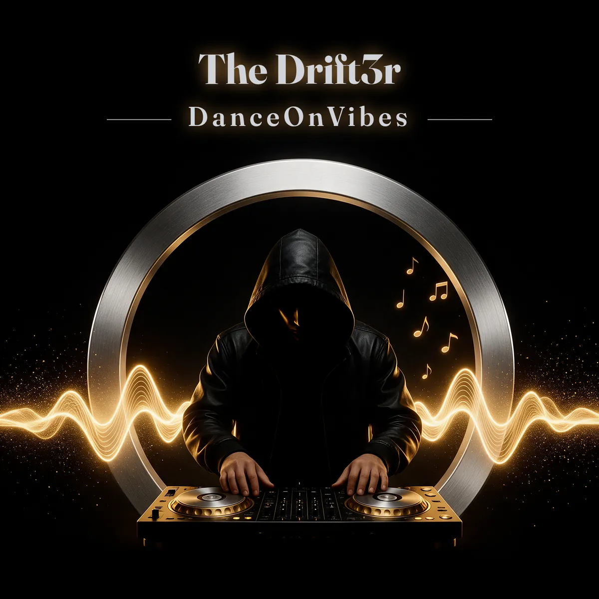 The Drift3r: a hooded figure at gold DJ decks inside a silver ring, with gold sound waves.